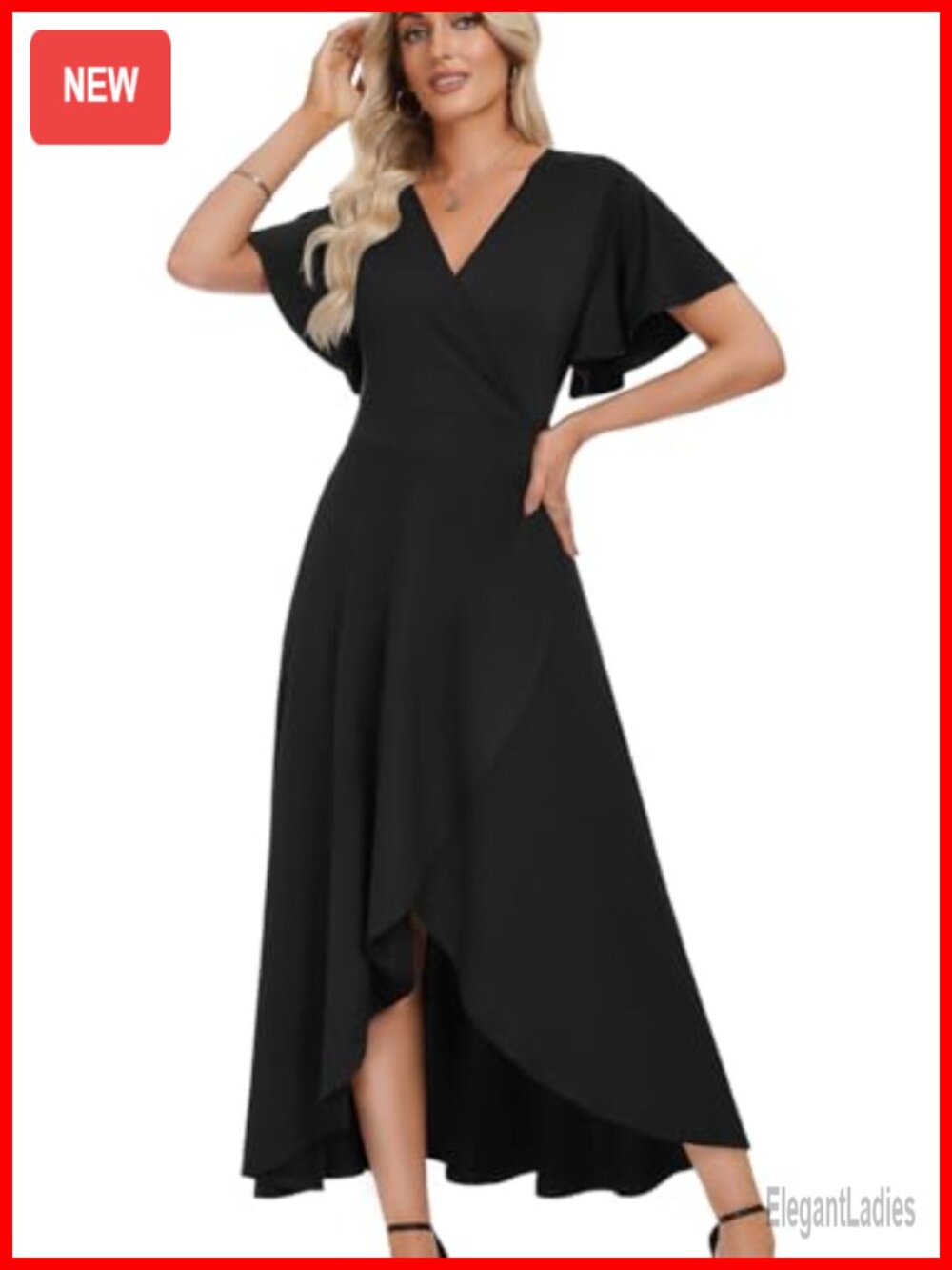 Women V Neck Ruffle Sleeve Maxi Dress Split Wrap Waist Formal Wedding Guest